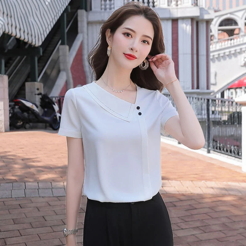 Women Spring Summer Style Chiffon Blouses Shirts Lady Casual Asymmetrical Collar Short Sleeve Chiffon Blusas Tops DF4028 250121
