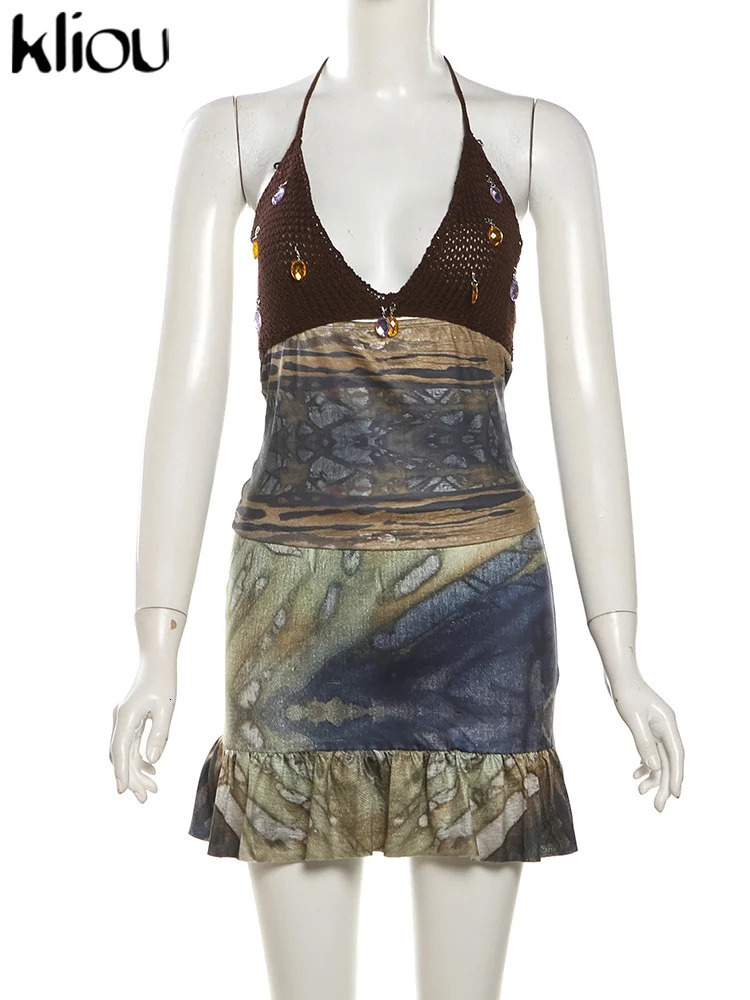 kliou Party Style Women 2Piece Set Halter Knit Patchwork Backless TopsRuffle Vintage Print Skirts Female Attractive Club Outfit 250113