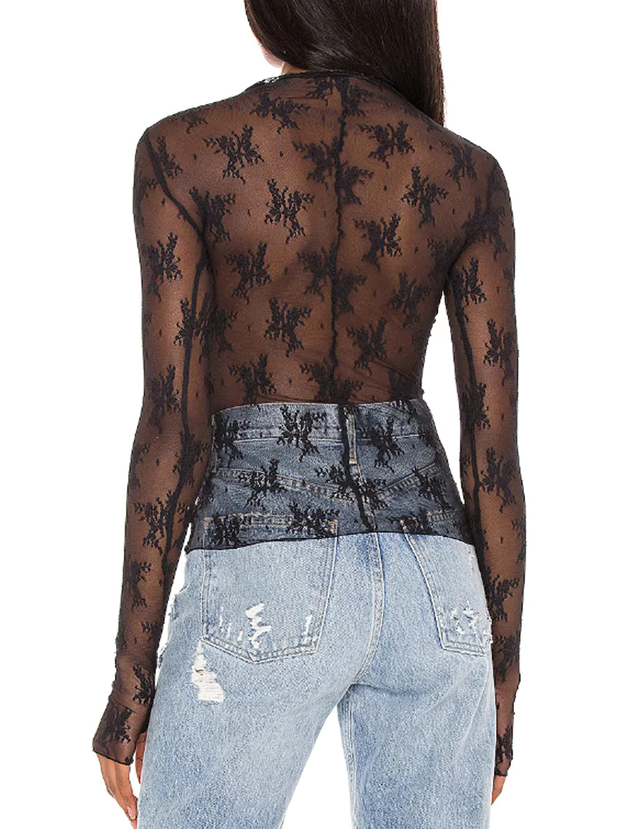 Women Y2k Sheer Mesh Long Sleeve Sexy See Through Mock Neck Ral Lace Shirts Layering Tops Party Clubwear