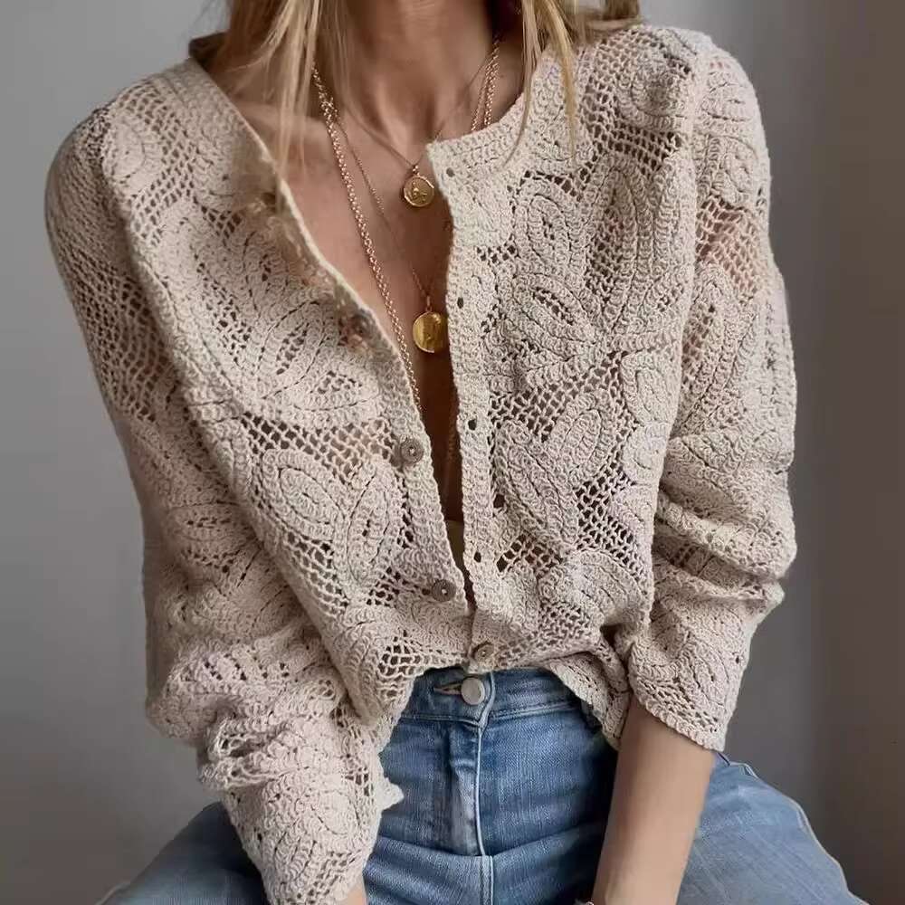 New Sexy Hollow Out Shirts Femme Button Down Crochet Boho Blouses Long Sleeve Hippie Women Shirt Chic Holiday Tops