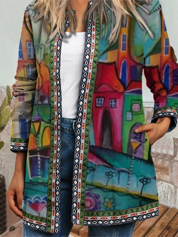 Autumn Winter Fashion Colorful Boho Floral Print Open Front Cardigan Casual Loose Long Sleeve Lightweight Jacket With Pockets 250113