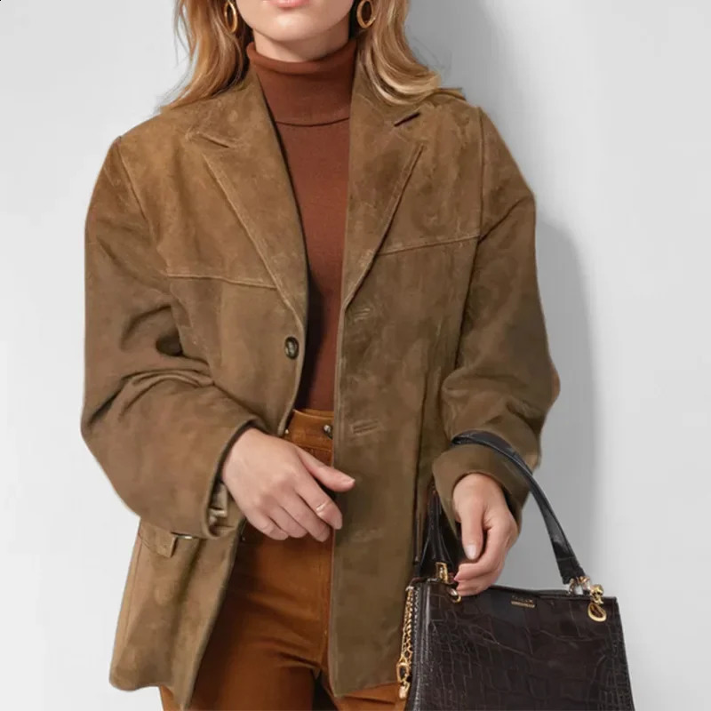 2024 Vintage Brown LooseFit Long Sleeve Jacket Womens Elegant AutumnWinter Fashion European and American Style Clothing 250113