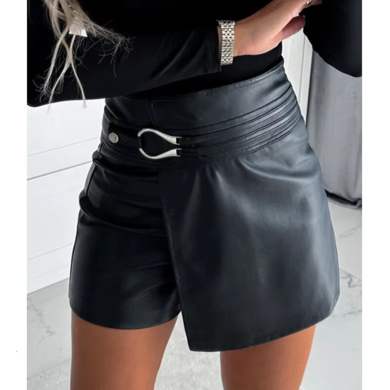 Black Shorts Women Buttons Asymmetrical 2024 New Short Pants High Waist Pu Leather Buckled Mini Skirts