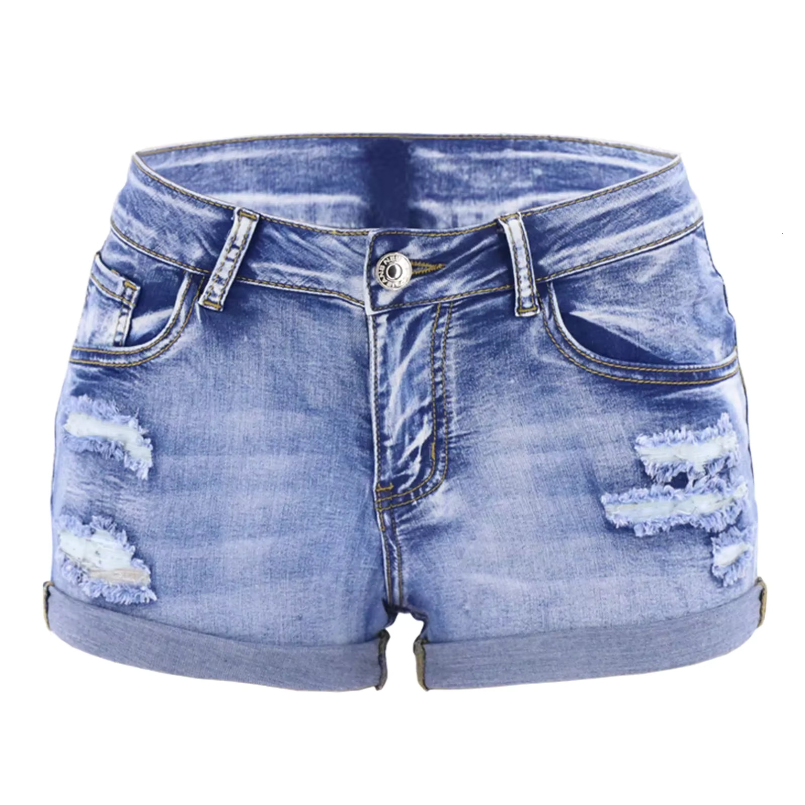 Women's Split Denim Summer Beach Wild Fashion Sexy Mid Waist Curled Cuff Perforated Elastic Slim Fit Casual Shorts