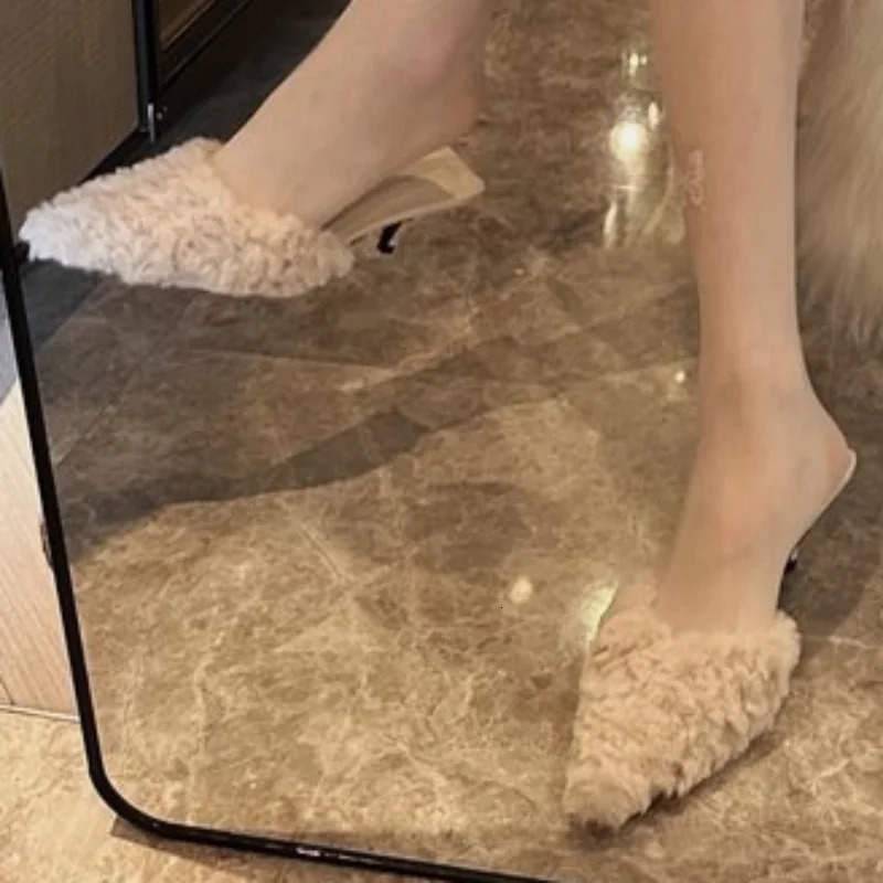 Women High Heels Shoes Suede Slippers Trend Spring Fashion Party Sexy Pumps Casual Ladies Stilettos Sandals Fur Mujer 250113