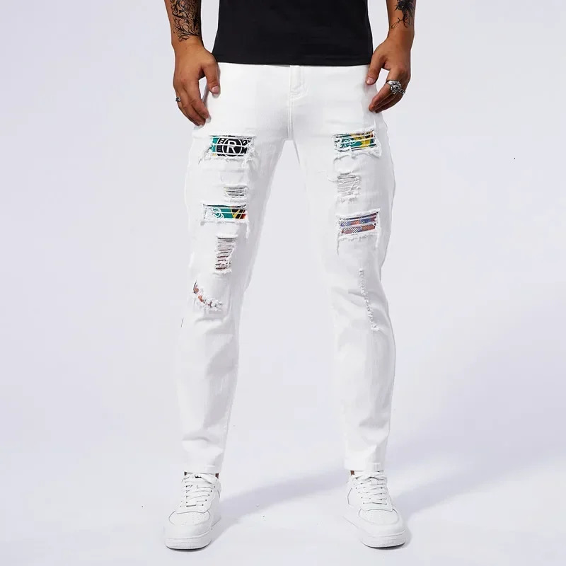 Men White Jeans Ripped Slim Pants 97% Cotton Patchwork Hip Hop Fashion Punk Hole Elasticity Denim Trousers Male Streetwear 250121