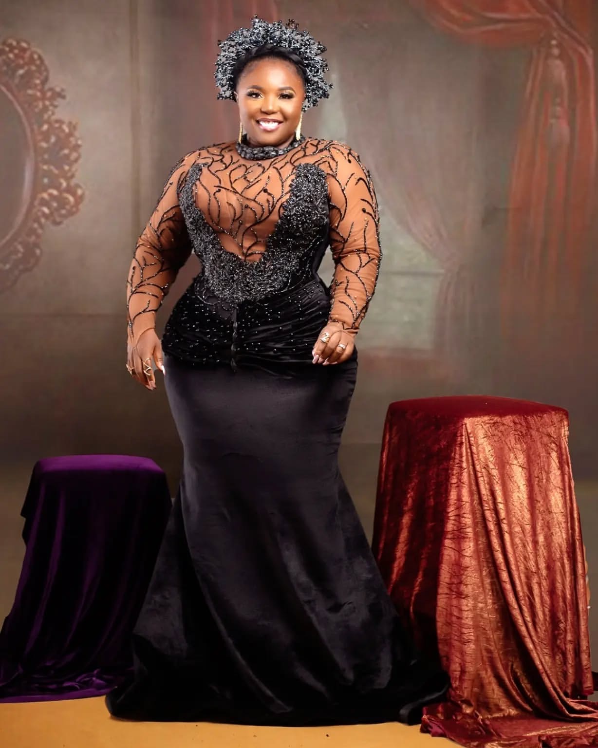Aso Ebi Black Illusion Mermaid Prom Dresses 2025 Full Sleeves Veet Evening Formal Party Second Birthday Engagement Gowns Plus Size Dress For Special O