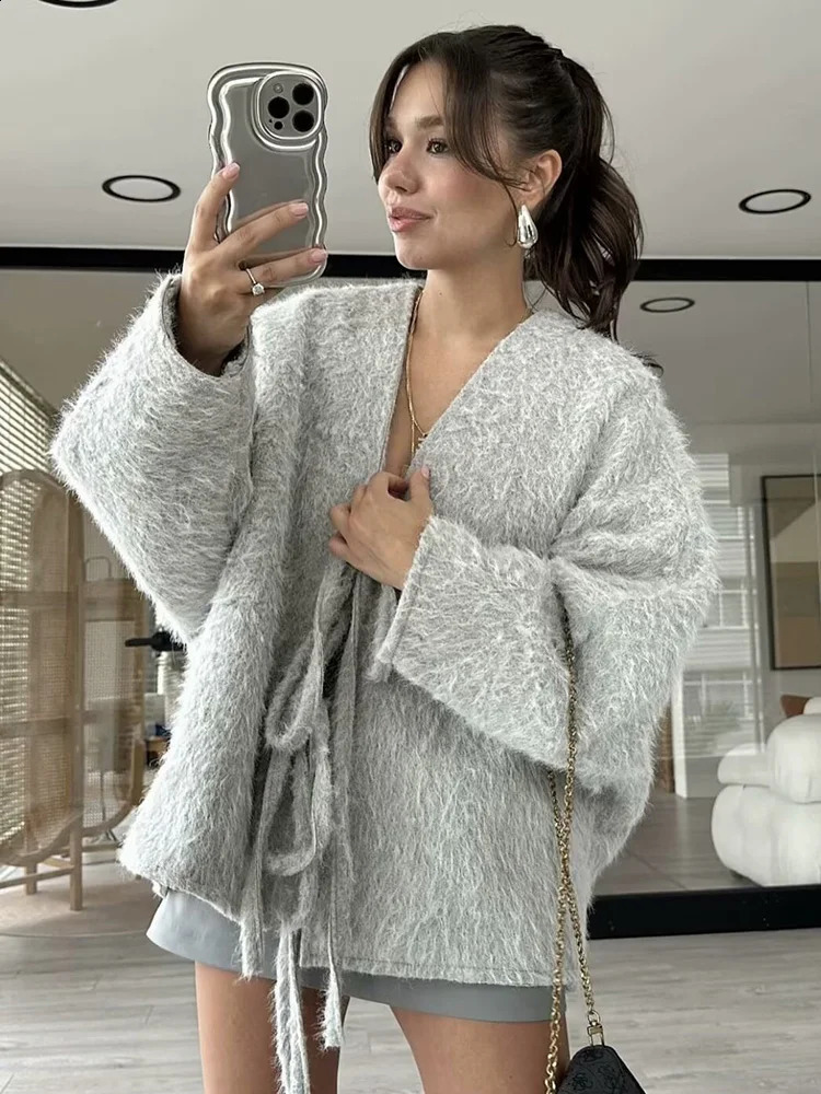 TRAF womens small cardigan Vneck Mao jacket fashion retro bow tie n solid colour autumn and winter 250113Z