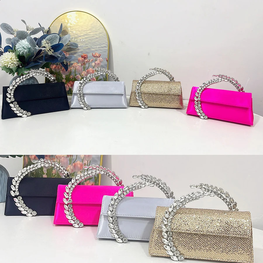 Rhinestone Evening Clutch Diamond Handle Handbags Satin Shoulder Bags Party Wedding Purses Lady Chains Small Square Bags 250110