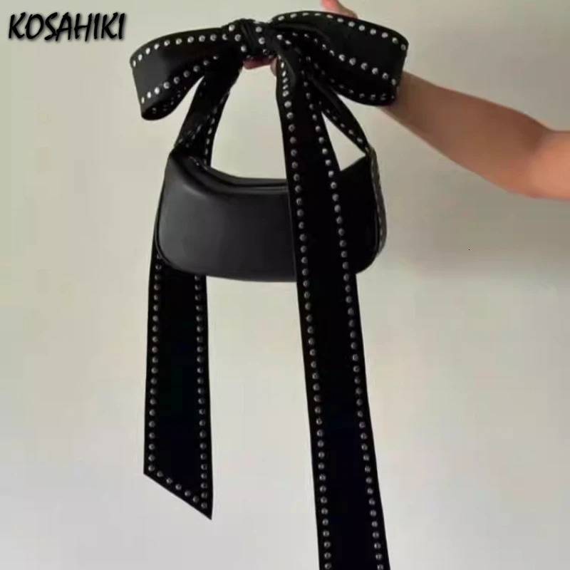 Sweet Y2k Aesthetic Punk Bow Rivet Top-Handle Bags Fashion All Match Shoulder Underarm Bag Women Chic Simple Purses and Handbags 250122