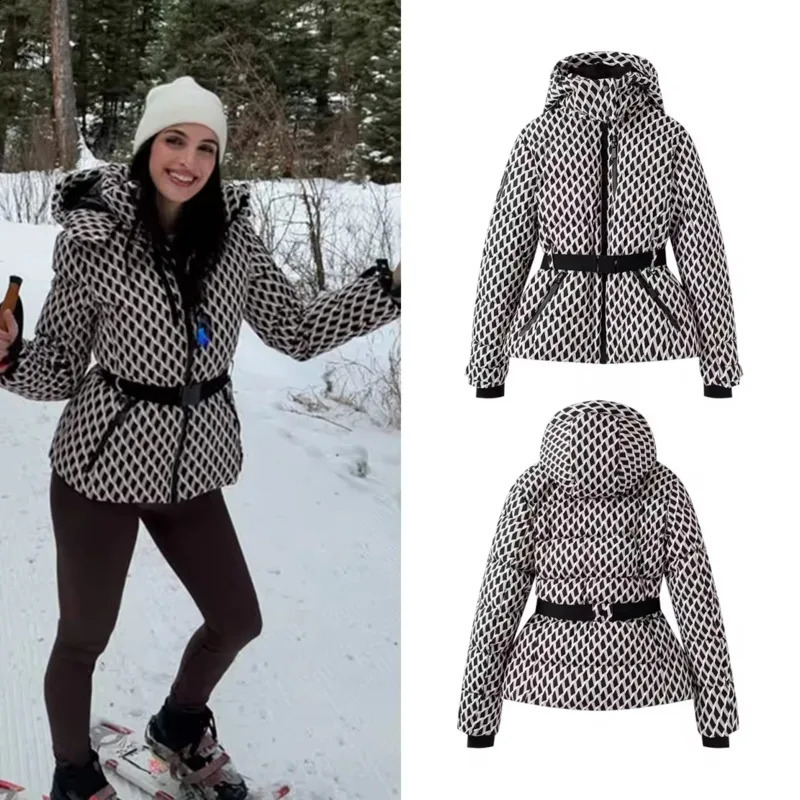 Fashion Waist With Belt Hooded Down Ski Cotton Jacket Women 2025 Stand Up Collar Zipper Commuting Short Warm Windproof 250115