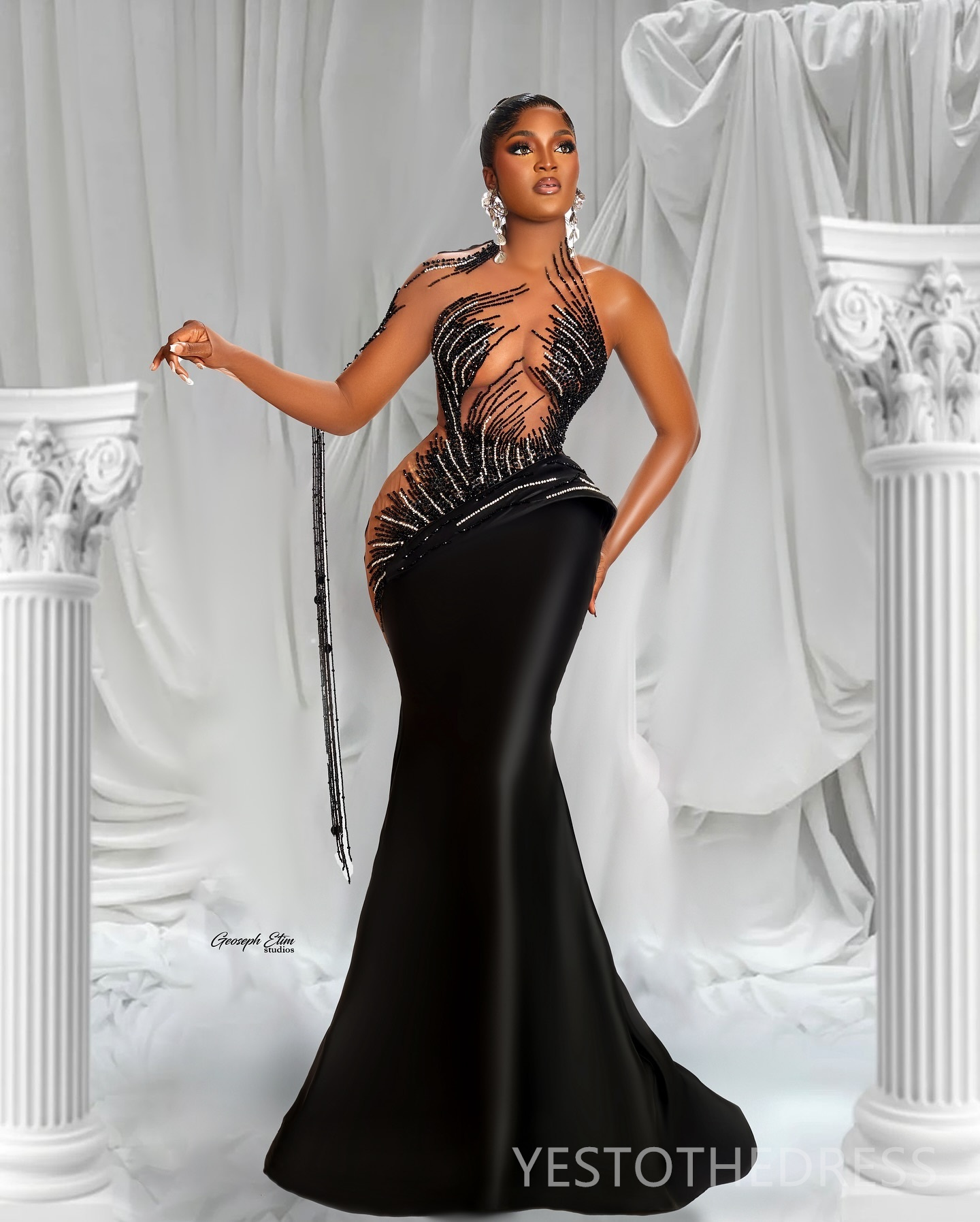 2025 Aso Ebi Black Prom Dresses Mermaid Evening Dresses One Shoulder Long Sleeves Illusion Beaded Lace Crystals Birthday Party Dress Second Reception 