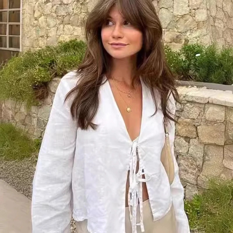 Yes Fine Loose Lace Up Bow Shirt Women Elegant V Neck Long Flare Sleeve Lady 2024 Spring Summer Simple High Street Female Top 250122