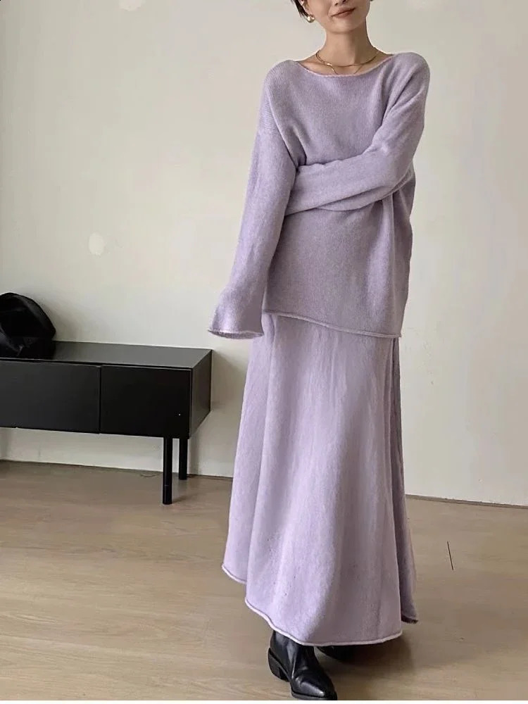 Two Piece Sets Womens Outifits Autumn Solid Knitted Sweater A-Line Elastic Skirt Sets Matching Korean Fashion Womens Clothing 250121
