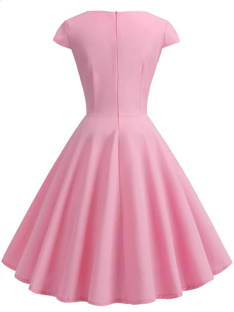 Pink Summer Dress Women V Neck Vintage Dress Elegant Retro pin up Party Office Midi Dresses 250122