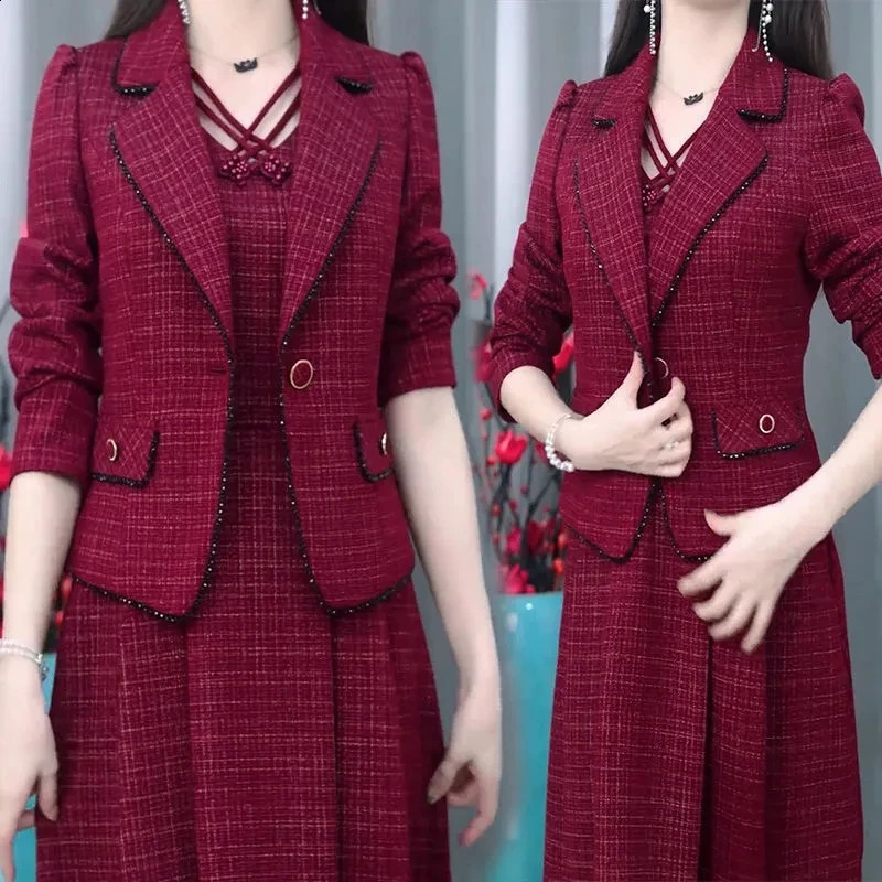 Middle Aged Women Fashion Sets Spring Autumn High End Blazer Jacket Sleeveless Dresses 2 Piece Suit Mothers Dress Outfit 4XL 250122