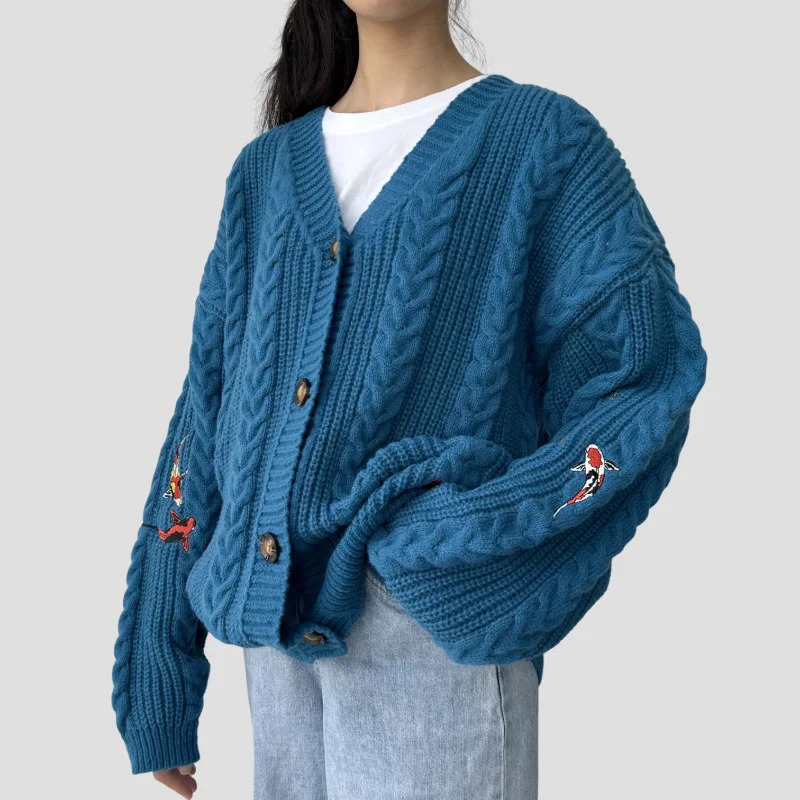 Koi Fish Cardigan Women Vintage Style Koi Carp Embroidery Sweater Female Autumn Winter Turquoise Knitted Cardigans Tops Y2k 250116