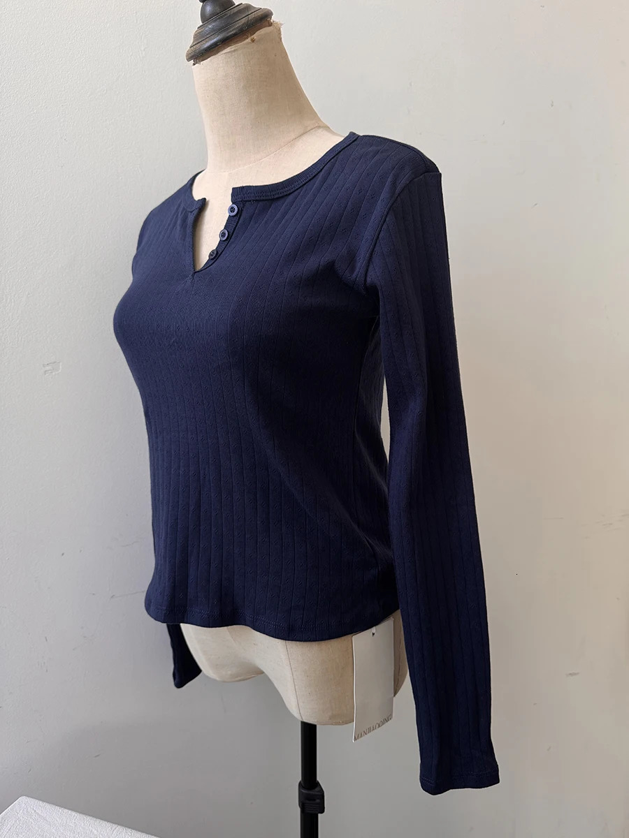 Navy Eyelet Long Sleeve T-Shirt Autumn Three Buttons O-Neck Cotton Slim Tee Top for Woman Sweet Cute Basic Tshirt Y2k Tops 250120
