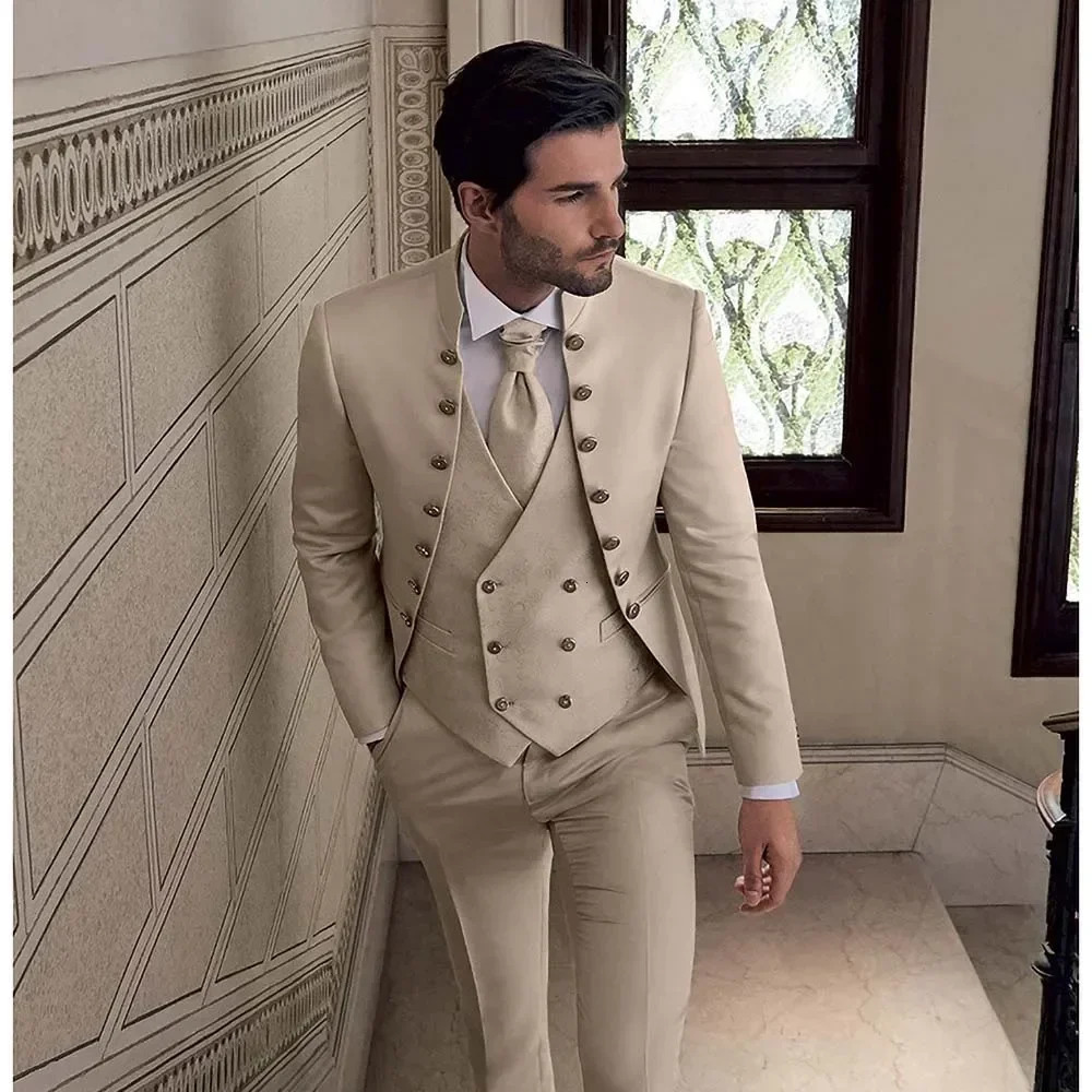 Beige mens 3piece stand up collar double chest ultrathin fit shoulder formal elegant grooms wedding tailcoat 250122
