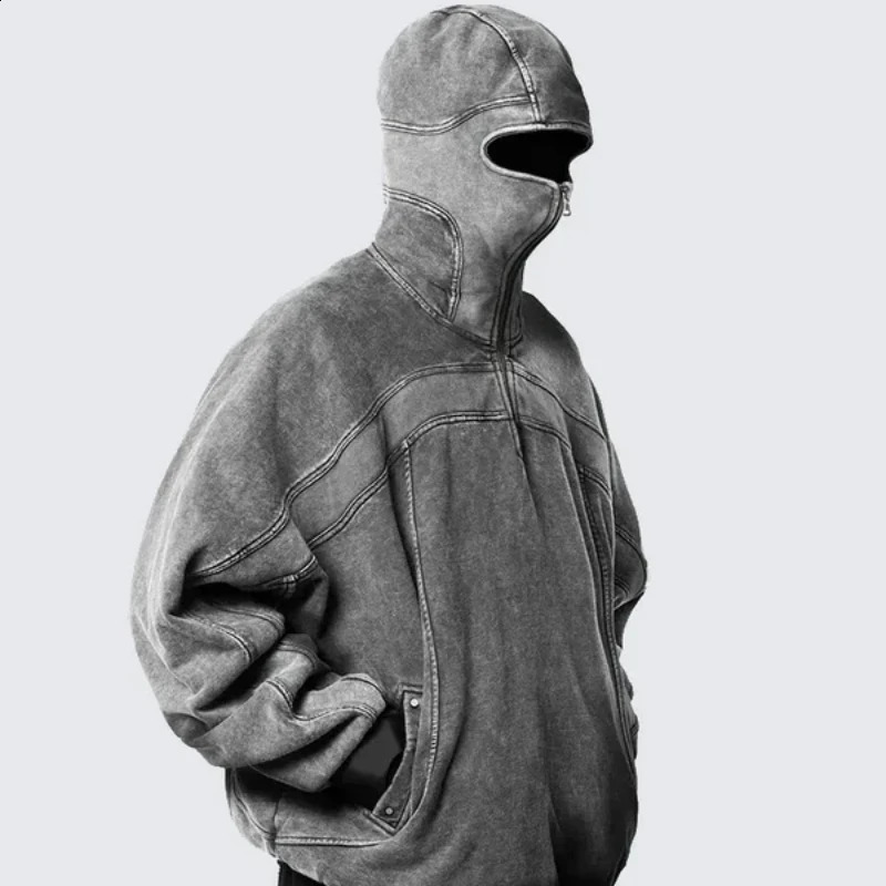 Y2K couple style spliced zip up hoodie fashionable classic Balaclava washed cotton grey ninja retro men hiphop streetwear 250109Z