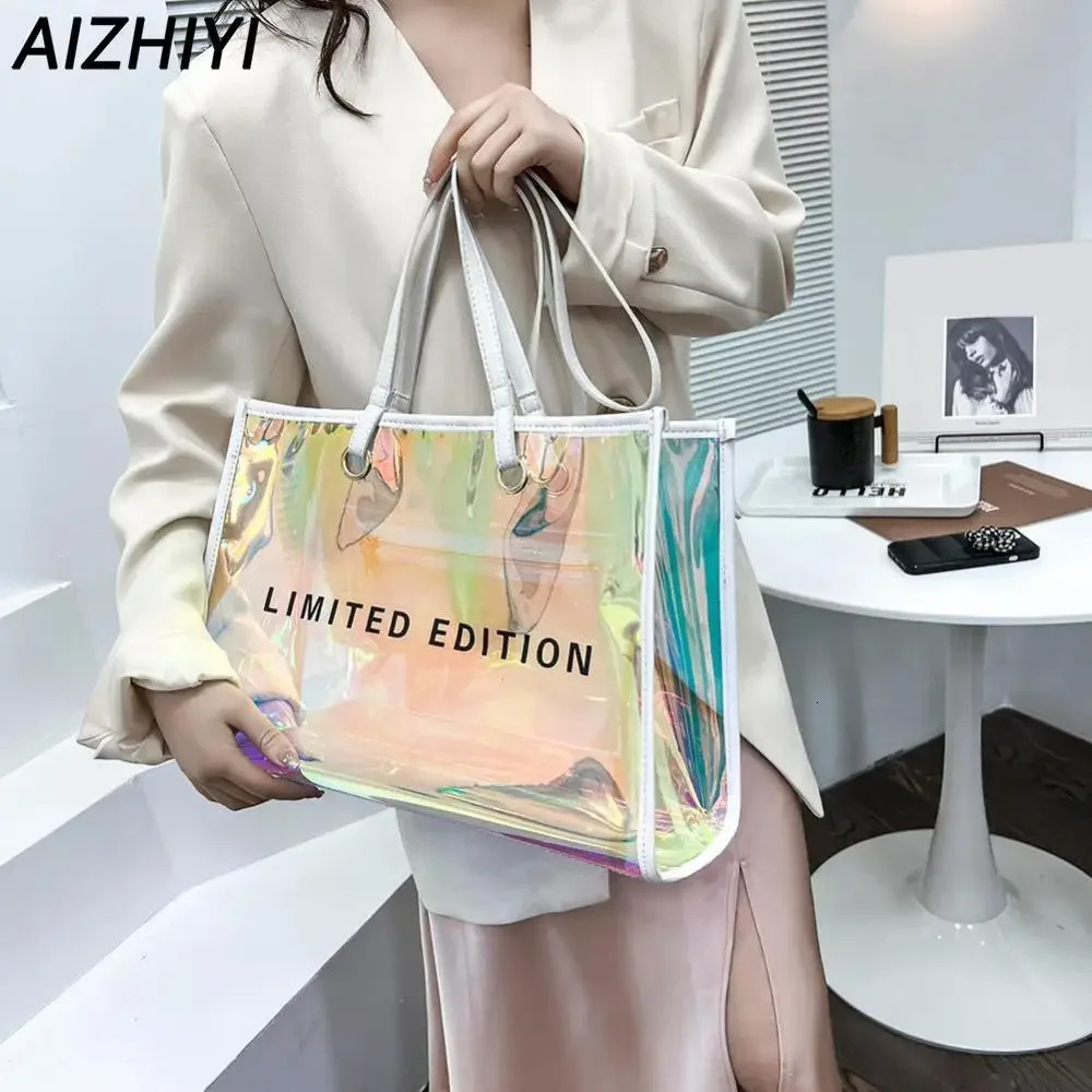 Women Letters Large Capacity Travel Shoulder Bags Laser PVC Transparent Handbag for Women Girl Outdoor Shopping 250121
