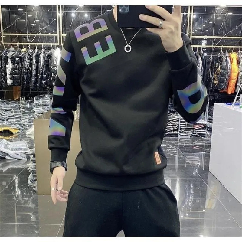 Spring Mens Korean Fashion Print Casual All Match Sweatshirt Appliques Streetwear Loose Hoodie Round Neck Long Sleeve Tops 250122