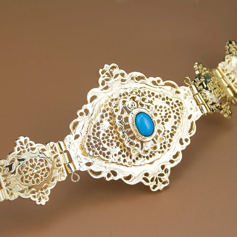 Sunspicems Gold Color Moroccan Kaftan Belt Imitation Jade Stone Arabic Women Bride Jewelry Waist Chain Hollow Persian Pattern 250121