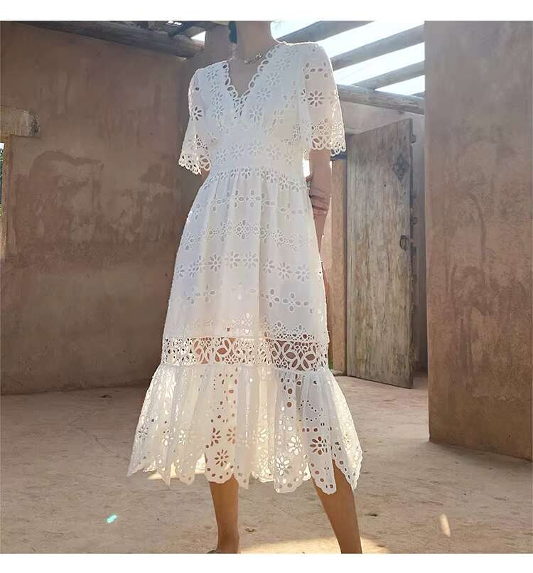 New Embroidery White V Neck Short Sleeve Holiday Cotton Lace Dress Retro Hollow Out Daily Dresses Vestidos