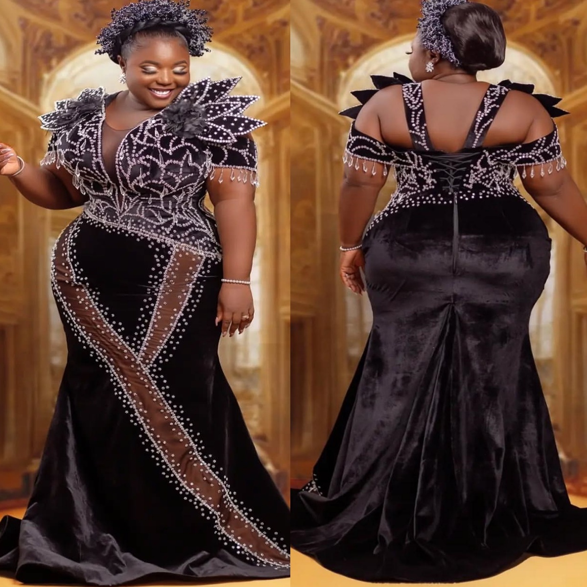 Aso Ebi Black Mermaid Prom Dresses 2025 Beaded Crystals Veet rals Evening Formal Party Second Birthday Engagement Gowns Plus Size Dress For Special Oc