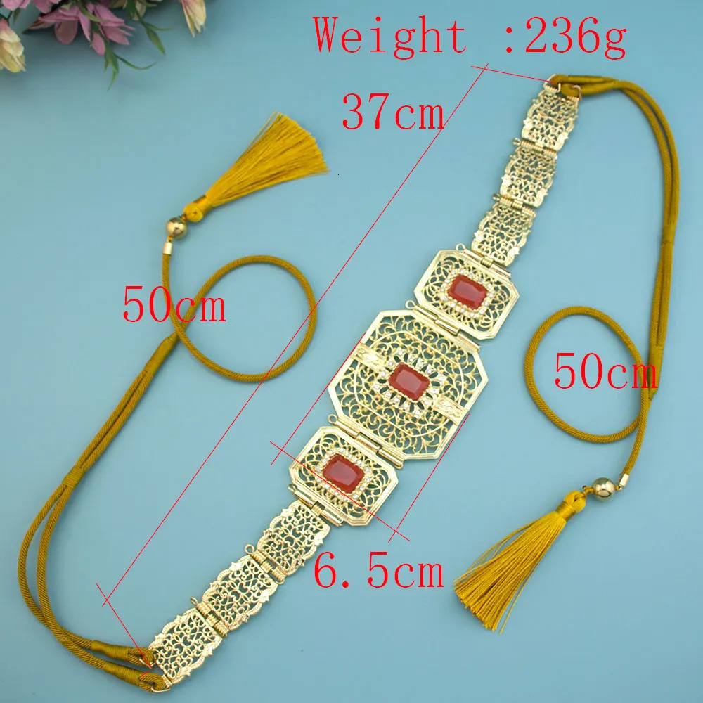 Sunspicems Gold Color Moroccan Caftan Belt For Women Metal Waist Chain Hand Rope Tassels Crystal Arabian Bridal Party Jewelry 250121