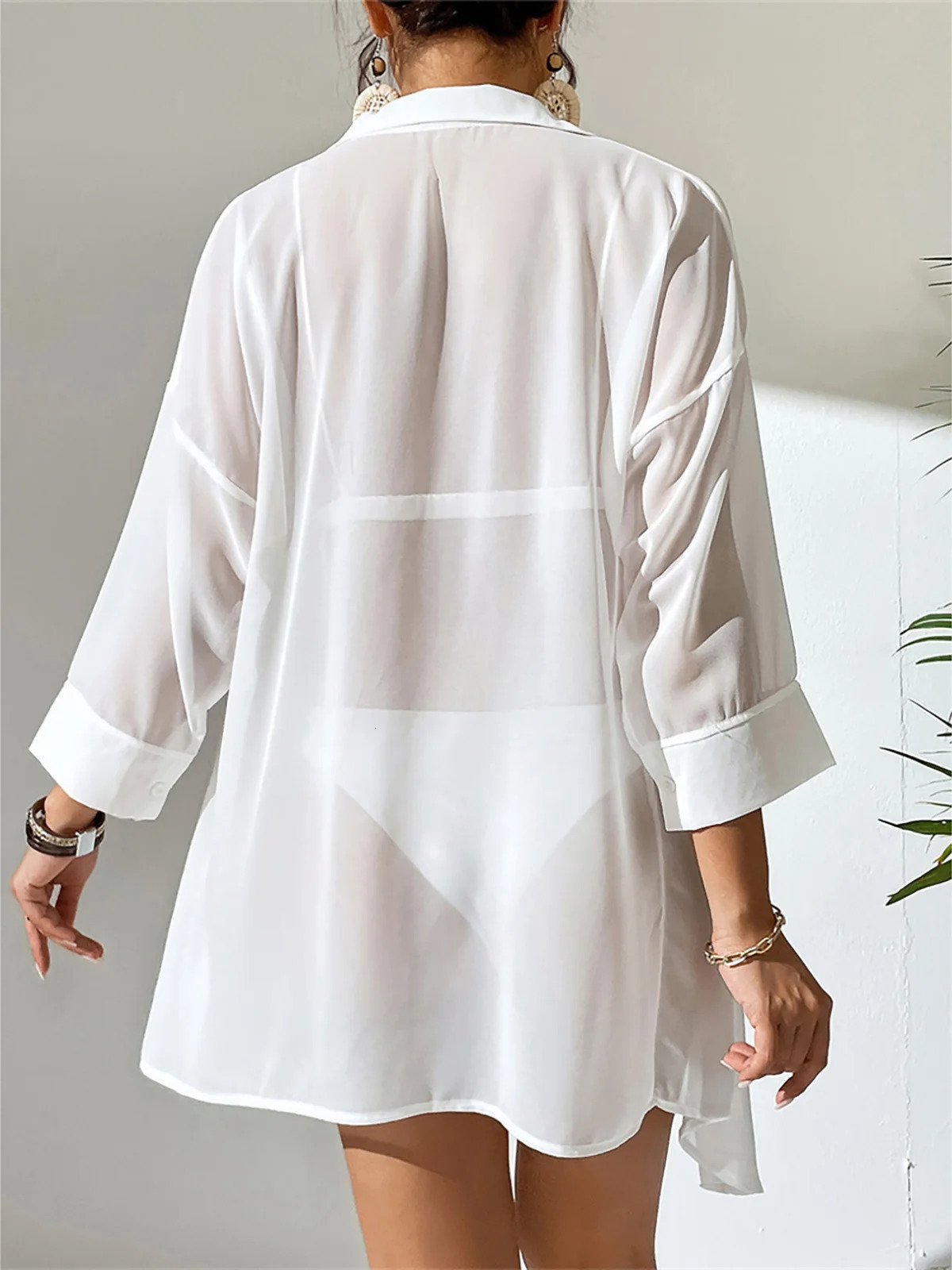 Summer White Shirt Long Sleeve Top Blouse Tunic Beach Cover Up Coverups Dress Wear Beachwear Female Women K4777 250120