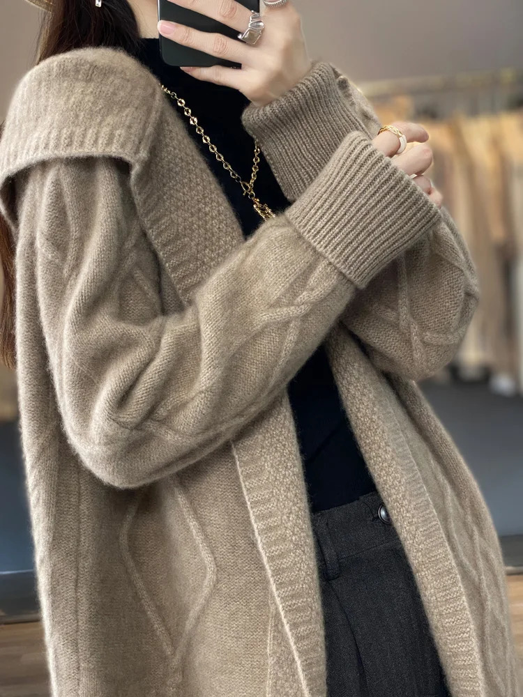 Autumn Winter 100% Merino Wool Womens Cardigan Long Sleeve Sweater Coat Loose Warm Cashmere Knitwear Fashion Female Long Coat 250121