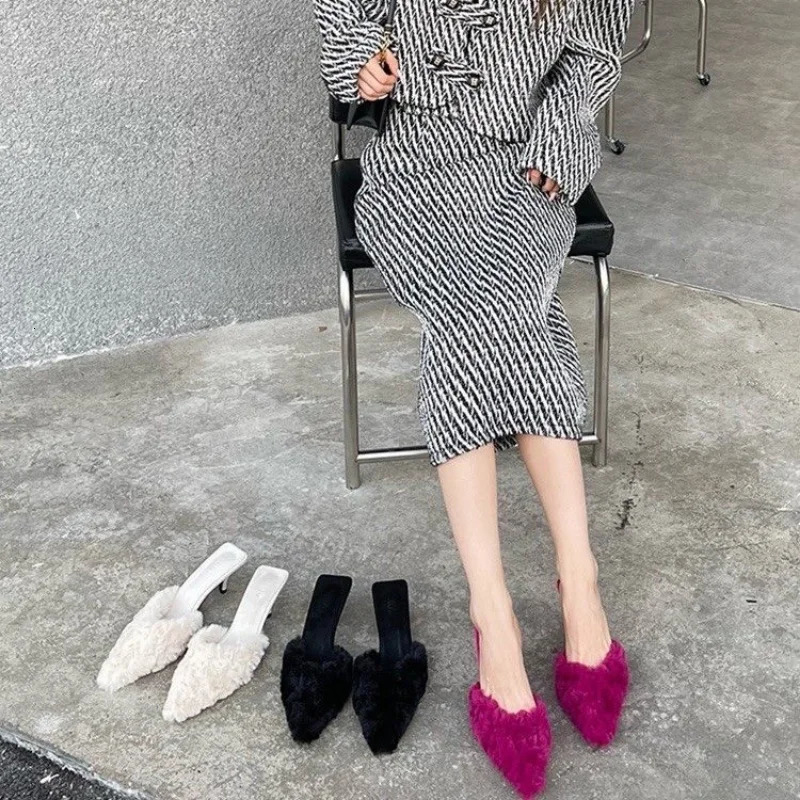 Women High Heels Shoes Suede Slippers Trend Spring Fashion Party Sexy Pumps Casual Ladies Stilettos Sandals Fur Mujer 250113