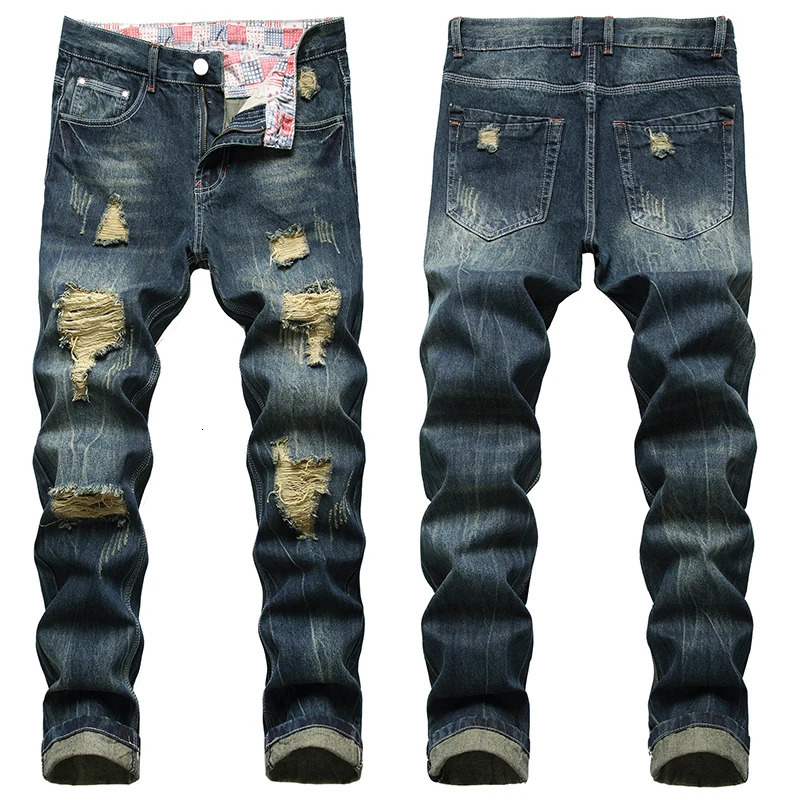 Denim Casual Ripped Trousers Mens Fashion Long Plus Size 2842 Jeans Hole Ruined Cotton s Dark Blue Dropship 250121