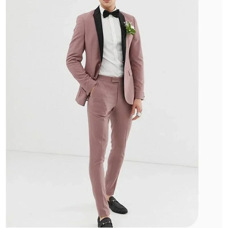 2024 Dusty Pink Black Shawl Lapel Men Suits Prom Terno Masculino Groom Costume Homme Blazer Wedding 2 Pieces 250122