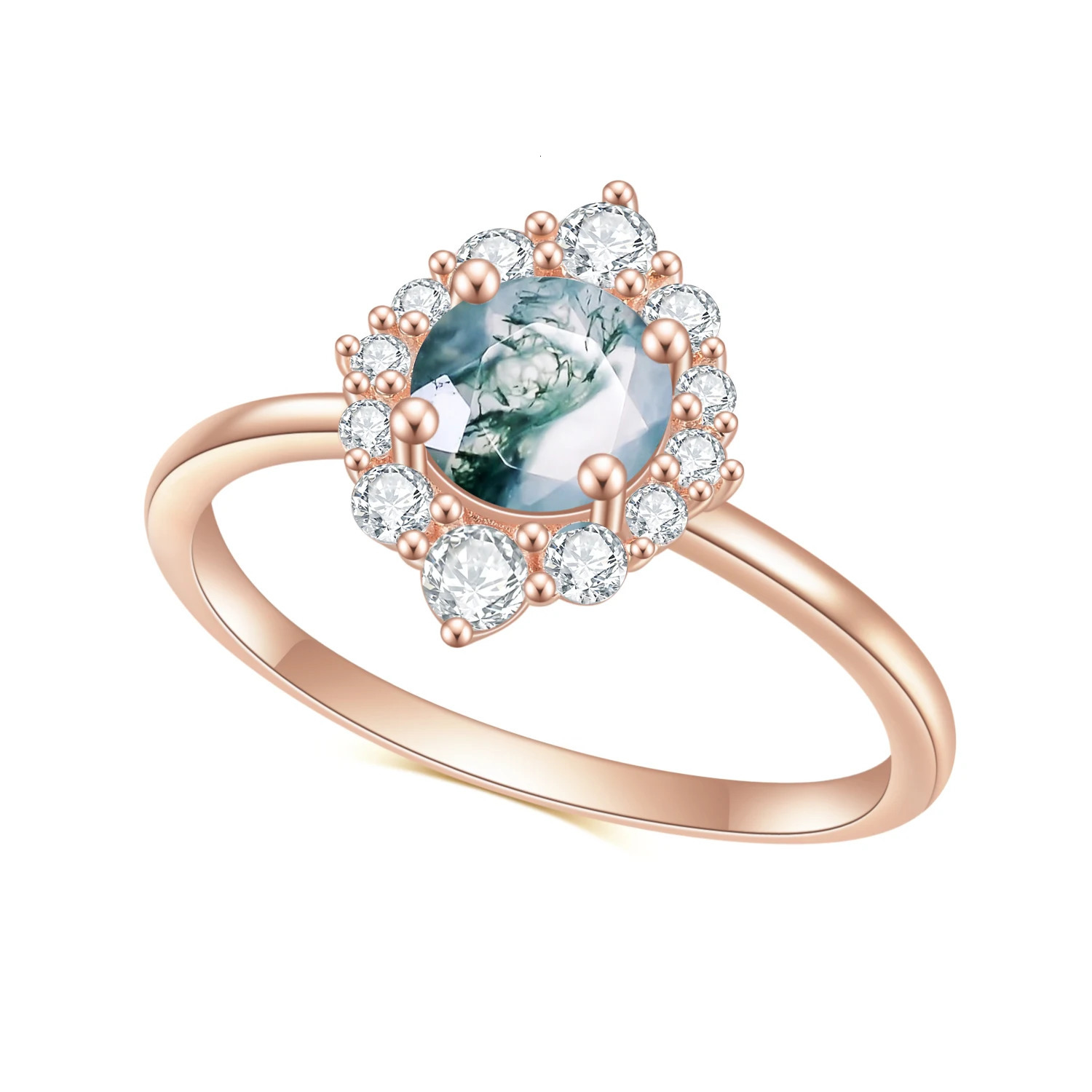 GEMS BALLET Vintage Moss Agate Halo Promise Engagement Ring Chevron Cluster Bridal Wedding Band Ring Set 925 Sterling Silver 250121