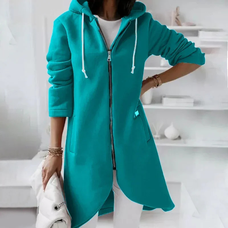 Solid Color Curved Hem Zipper Cardigan Hooded Sweatshirt Women Double Pockets Hoodie Autumn Winter Thickened Outerwear 250121