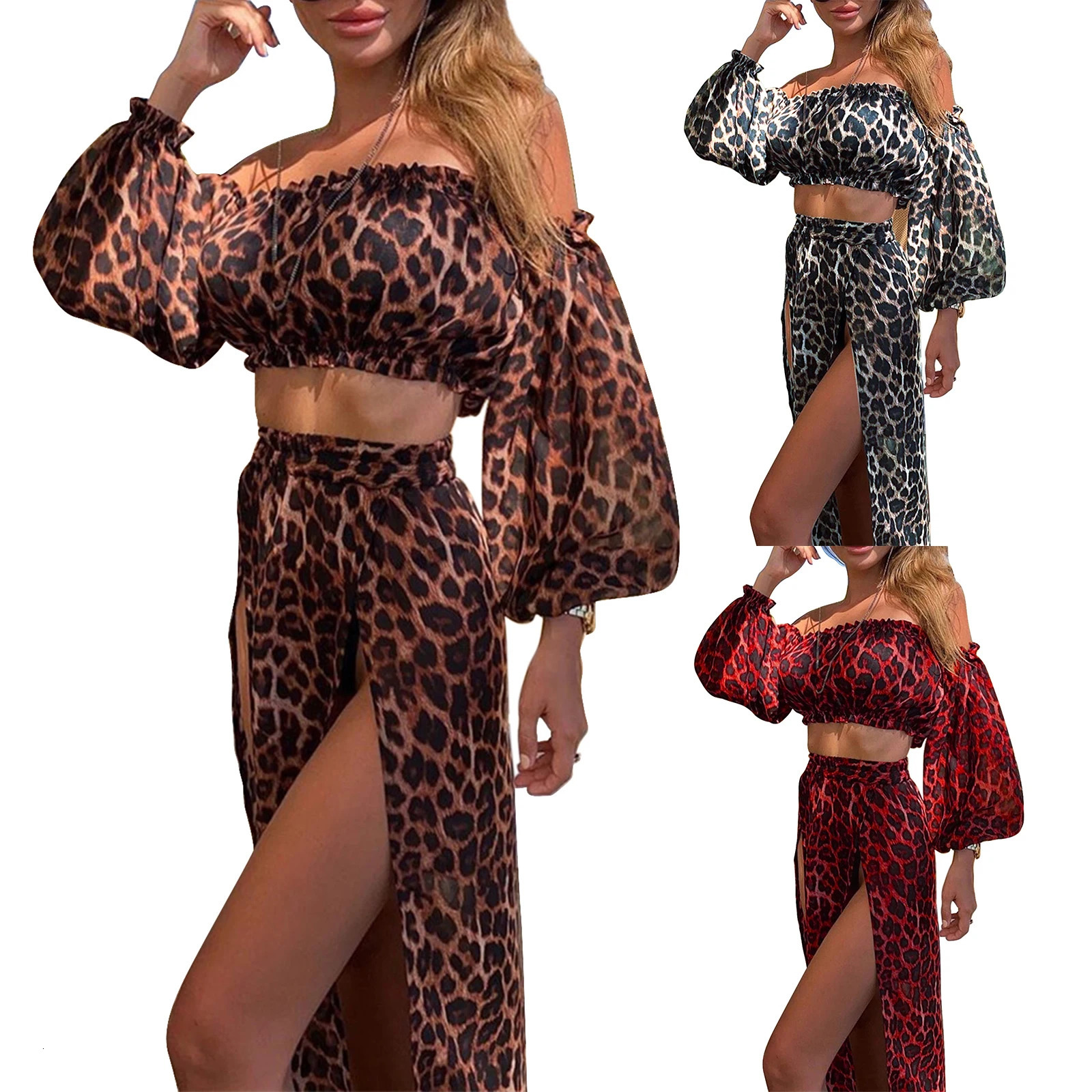 Meihuida Bikini Cover Ups Set Off Shoulder Long Sleeve Crop TopsMaxi Up Skirt Twopiece Suit for Beach Mesh Swimwear 250120