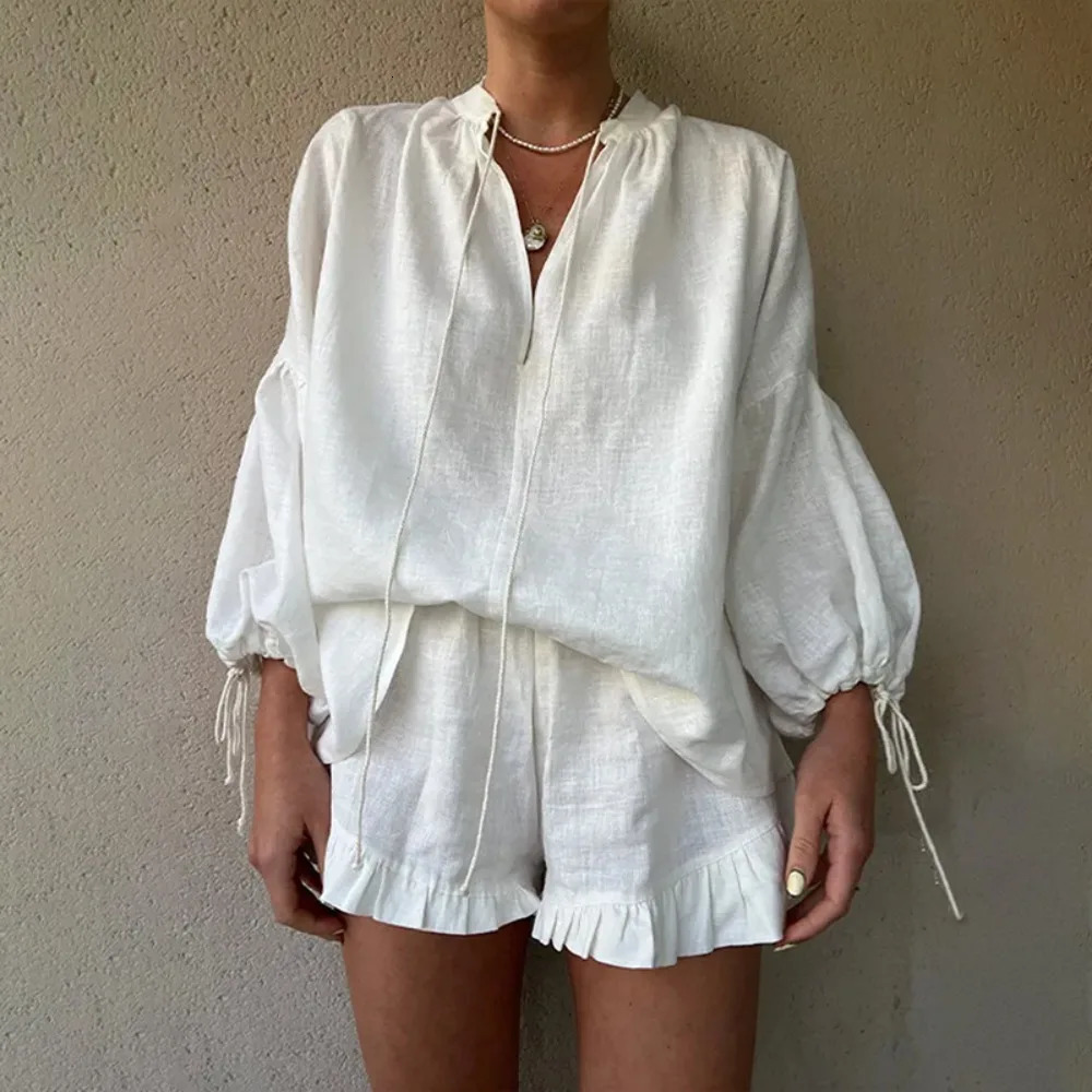 Women 2024 Summer Shorts Sets Solid Ruffle Short Pants V Neck Long Sleeve Drawstring Loose Tops Suit Casual Chic Tracksuit 250120