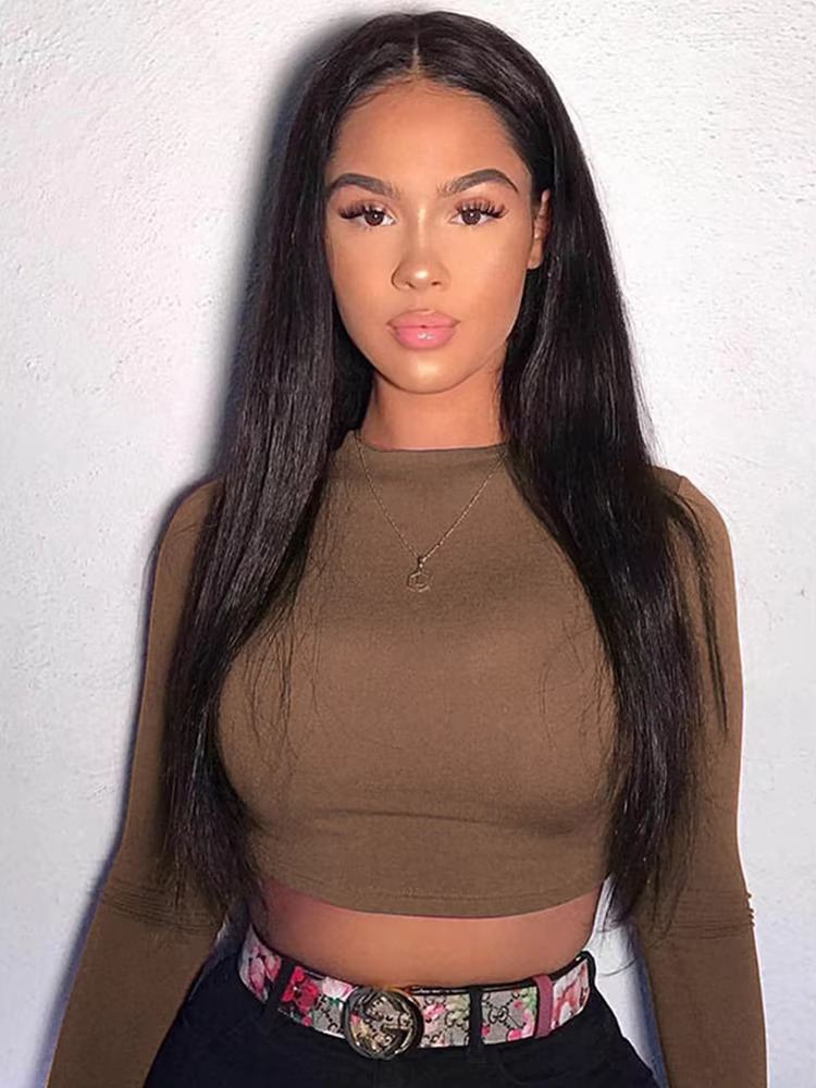 Solid Basic Long Sleeve Womens Tshirt Casual Black White Crop Top T Ladies Fashion Korean Tee Shirt