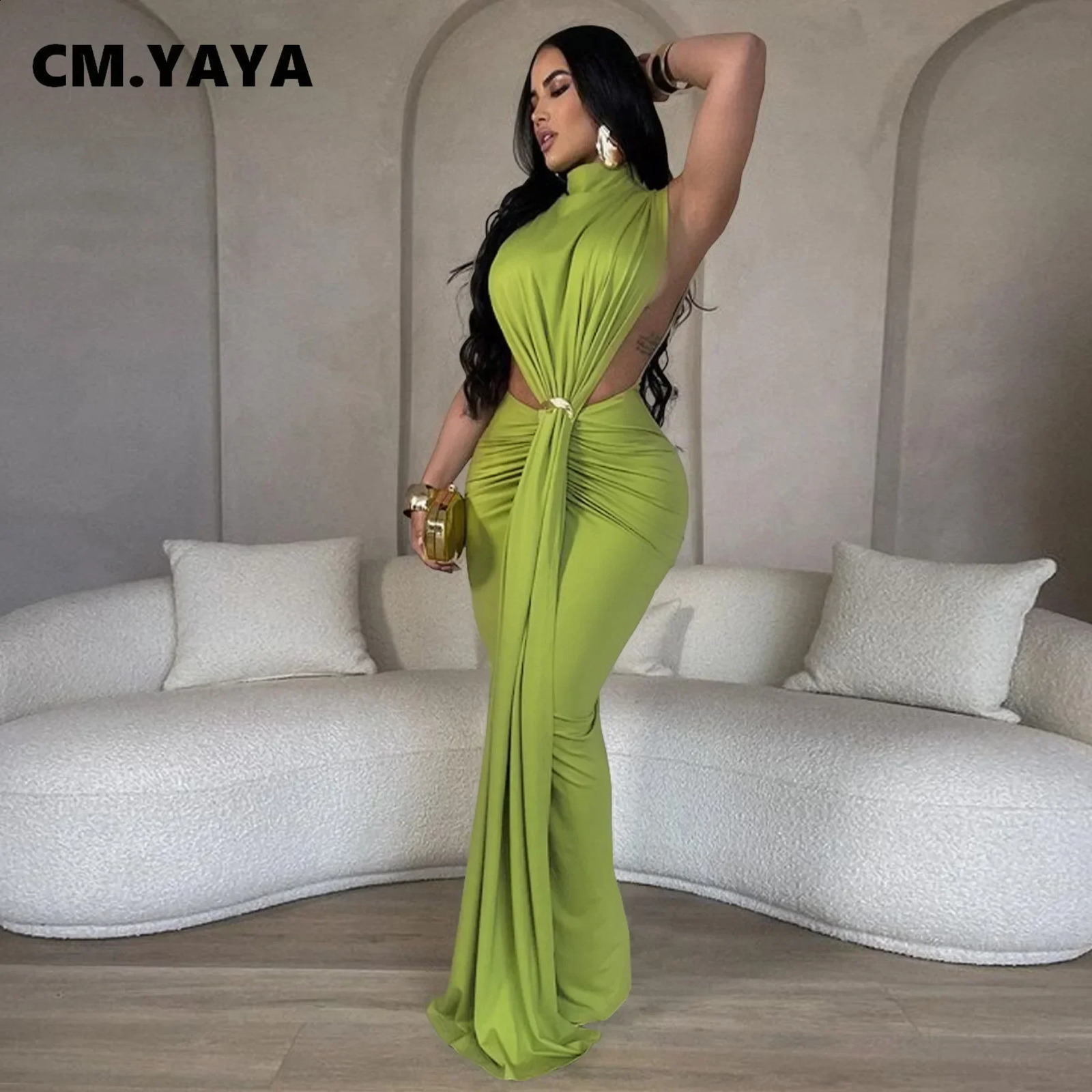 CMYAYA Women Oneck High Split Ruched Stacked Bodycon Midi Maxi Dress 2024 Evening Party Club Vestidos Sexy Chic Long Dresses 250121