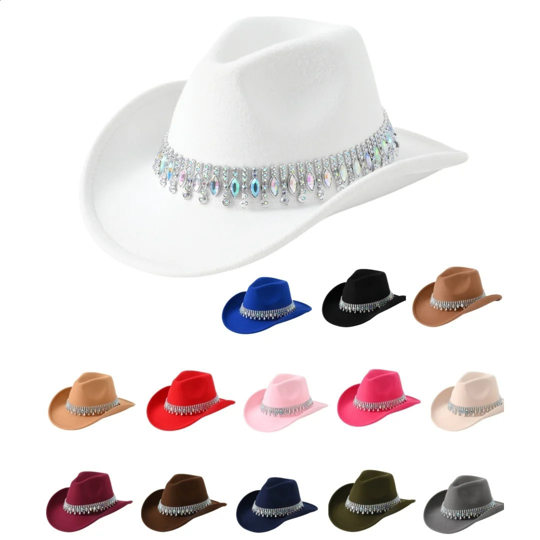 1Fashion Rhinestone Tassel colored gemstone necklace western cowboy hat Broad Brim Sun Protection Hat gentleman style jazz 250118