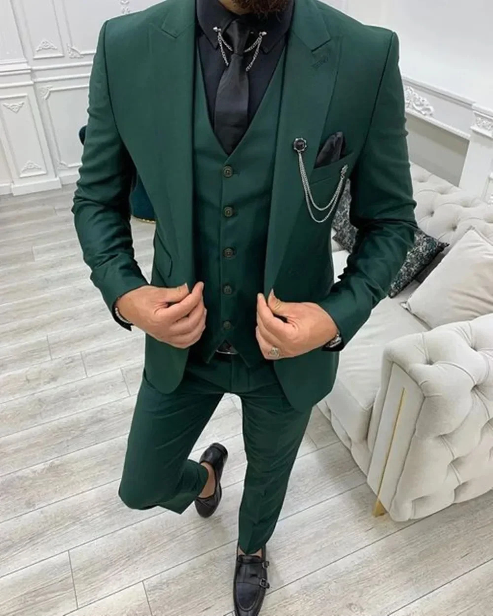 2024 Green Lapel Slim Fit Men Suits 3 Pieces Tuxedos Suit Blazer Sets Groom Wedding Prom Costume 250122