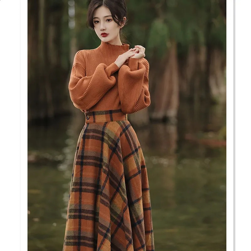Womens Spring Autumn Vintage Plaid Long Skirts Sweater TwoPiece Set French Lady Graceful Knit Pullover High Waist Skirt Outfit 250122