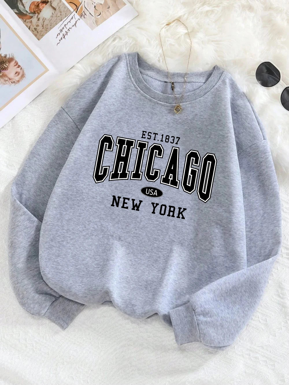 Chicago York USA Sweatshirt White Letter Print Casual Hoodie Winter Fleece Crewneck Black Sporty Clothes Woman Tops 250121