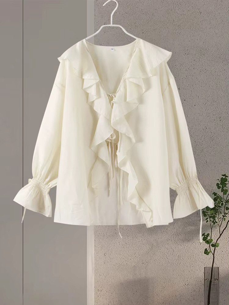 Casual Ruffles Shorts Suits Women Loose See Through V Neck Hollow Out Female 2025 Spring Fashion New Lace Up Sets Lady