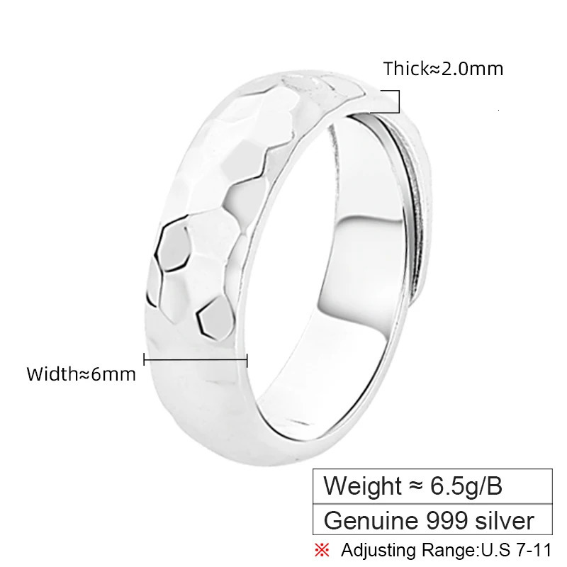 ZABRA 999 Sterling Silver Hammer Pattern Plain Ring for Men and Women Single Ring Gift for The Year of The Loong 250117
