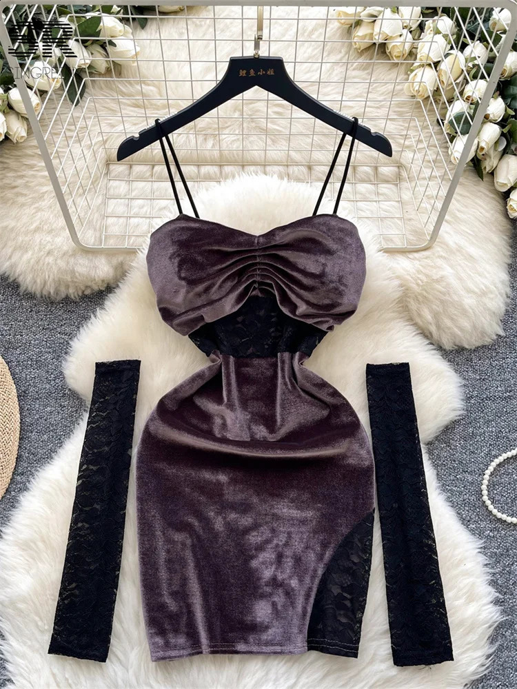 SINGREINY Sexy Lace Splice Velvet Dress Women Oversleeve Slim Chic Strapless Autumn Backless Fashion Senior Party Mini Dresses 250113