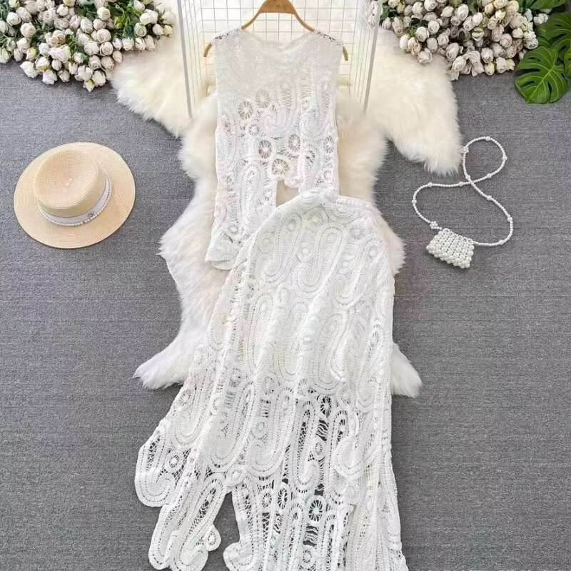 New Hollow Out Two Pieces Boho Crochet Elegant Outfits Summer Mujer Knitted Chic Dress Set Vestidos