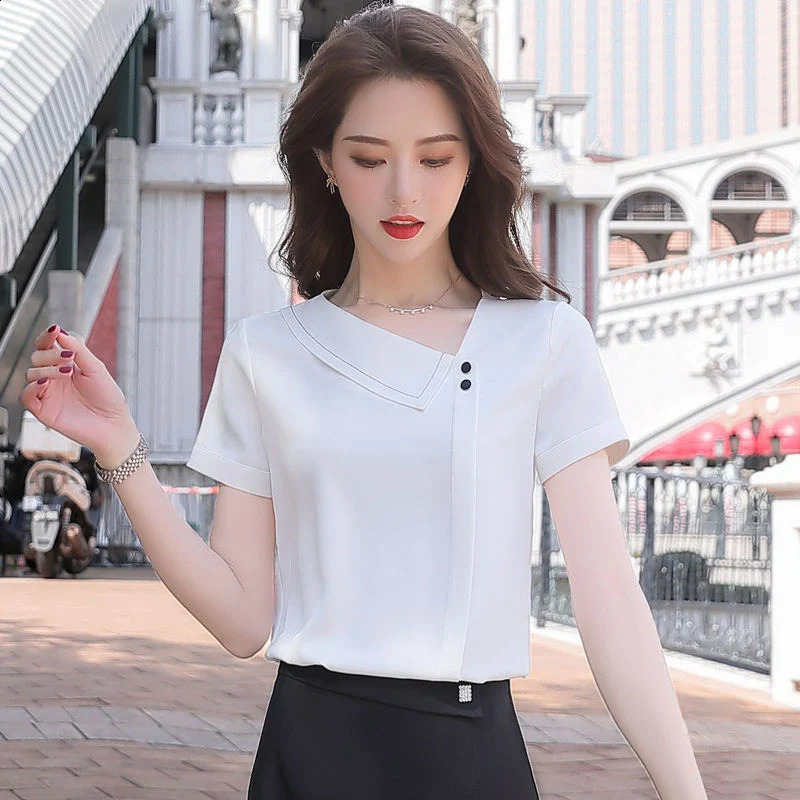 Women Spring Summer Style Chiffon Blouses Shirts Lady Casual Asymmetrical Collar Short Sleeve Chiffon Blusas Tops DF4028 250121